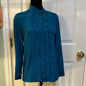 Elegant Teal Pleated Woman’s Long-sleeve, Button-up Blouse Lion button